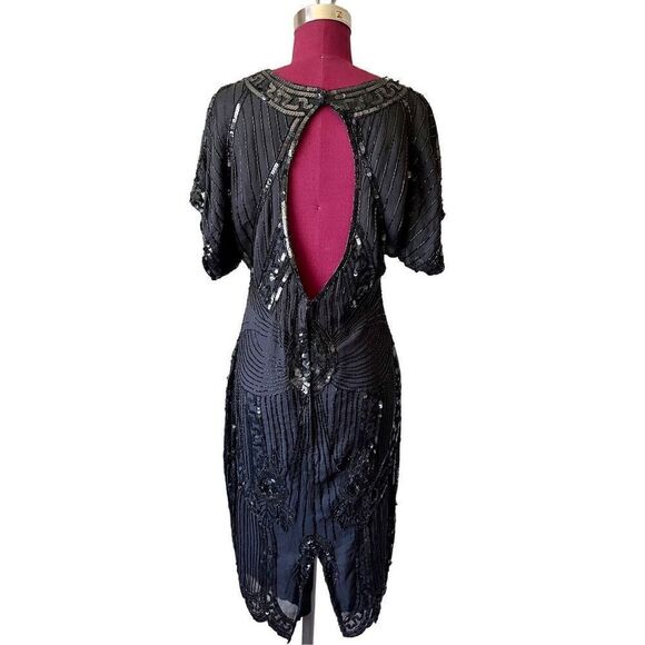 Lillie Rubin Vintage Art Deco Black Silk Beaded Sequined Cocktail Dress Short Sl - Picture 4 of 15